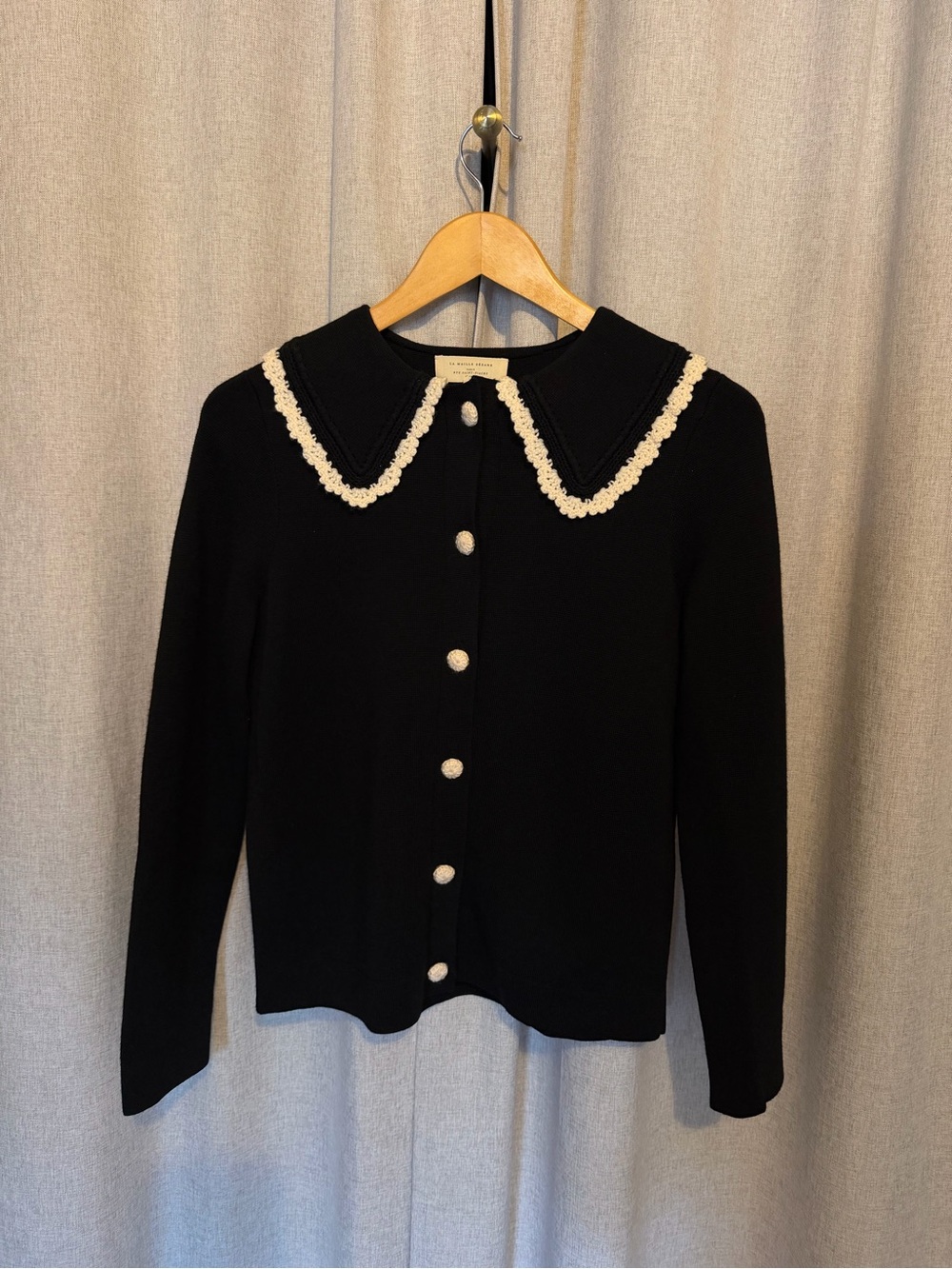 Sezane Black Cardigan with Cream Lace-Trim Collar